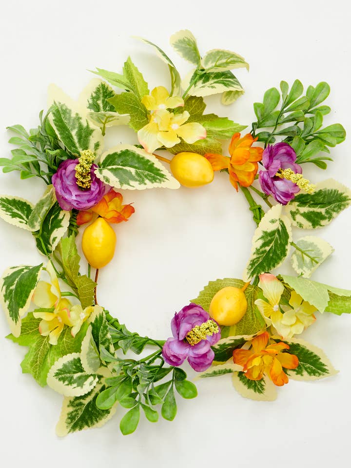 13" Lemon, Flowers and Green Leaves Candle Ring, 6.5" ID for wholesale by WORTH IMPORTS
