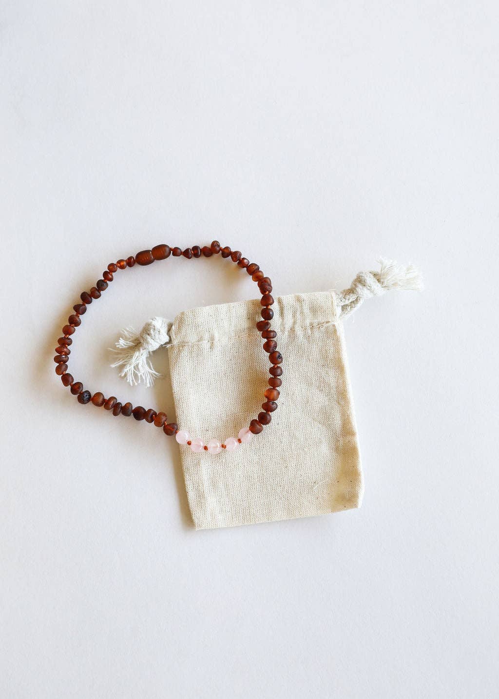 CanyonLeaf - Wholesale Beaded/Pearl Necklace - Raw Cognac Baltic Sea Amber + Rose Quartz || Beaded Necklace1