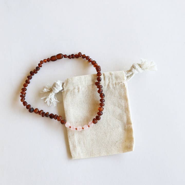 CanyonLeaf - Wholesale Beaded/Pearl Necklace - Raw Cognac Baltic Sea Amber + Rose Quartz || Beaded Necklace1