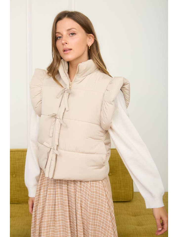 MINE - Vente Veste sans manches – femme - GILET MATELASSÉ À FERMETURE ÉCLAIR AVEC DÉTAIL NŒUD ET MANCHES VOLANTES15