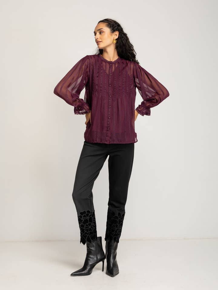 Bordeaux lace insert blouse Lyria for wholesale by NIZA