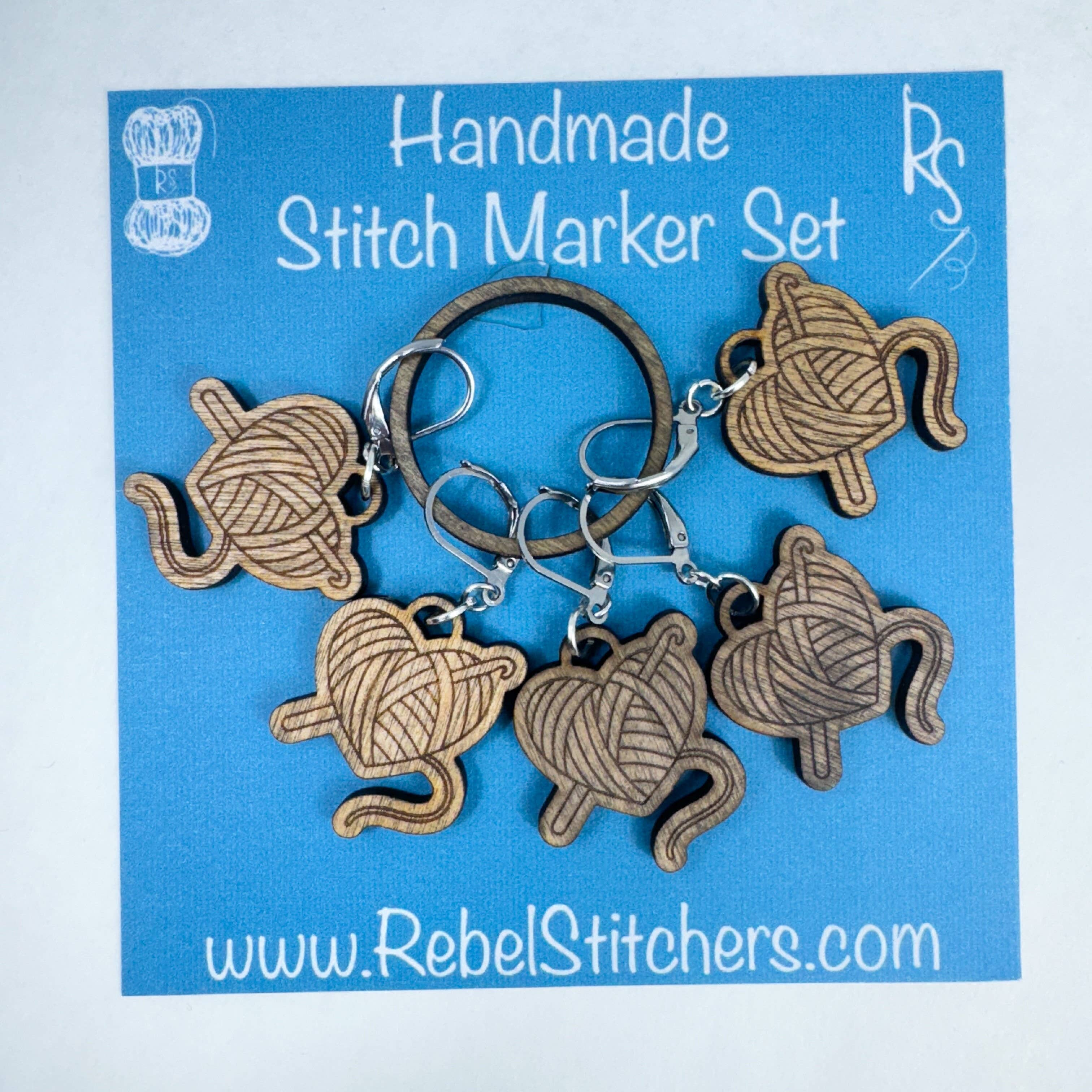 Art by Erica H & Rebel Stitchers - Wholesale Knitting/Crochet Supplies - Handmade Wooden Heart Ball of Yarn Stitch Marker7
