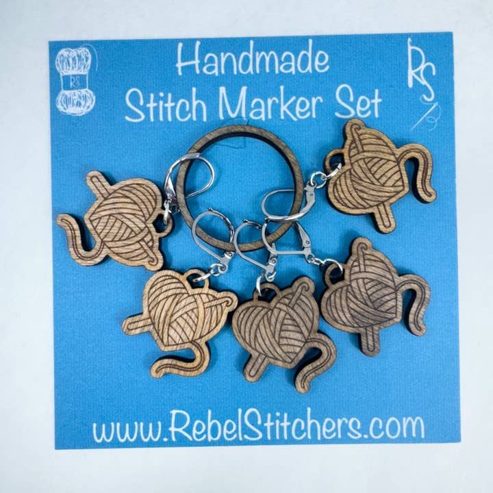 Art by Erica H & Rebel Stitchers - Wholesale Knitting/Crochet Supplies - Handmade Wooden Heart Ball of Yarn Stitch Marker7