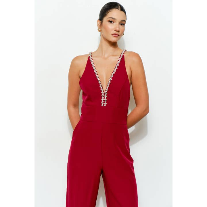 INA – wholesale Jumpsuit - Dam – Kristallprydd djup V-ringad jumpsuit med korsad rygg13