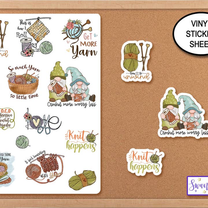 Hæklet Gnome Sticker Sheet, Planlæggere Strikning Klistermærker for engroshandel hos Swanky Bazaar