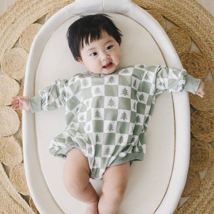 Checkered Christmas Tree Bamboo Bubble Romper for wholesale by MOOGCO Silver Nursing Cups