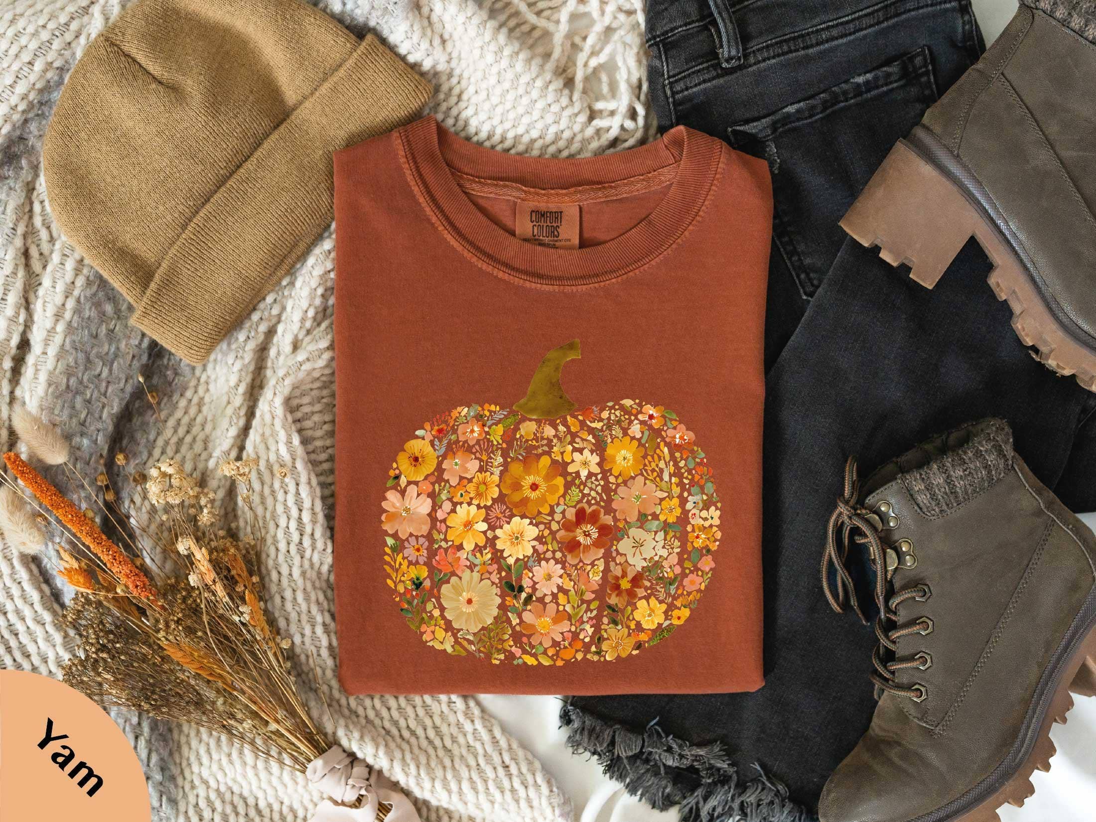 Glaime - Vente T-shirt à imprimés – unisexe - T-shirt Confort Couleurs Citrouille Fleurs, Sweat-shirt Citrouille0