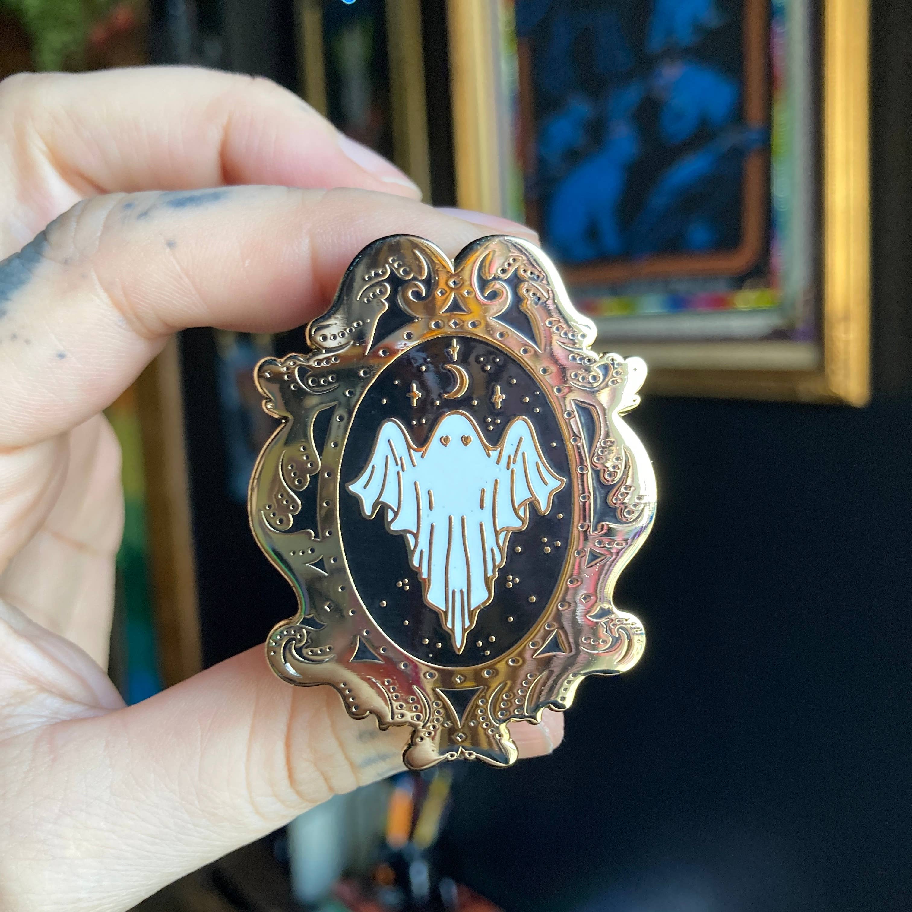 Soni Graves Artistry - Wholesale Lapel Pin/Button - Ghost Frame Pin: Golden Hard Enamel, Goth Spooky Filigree3