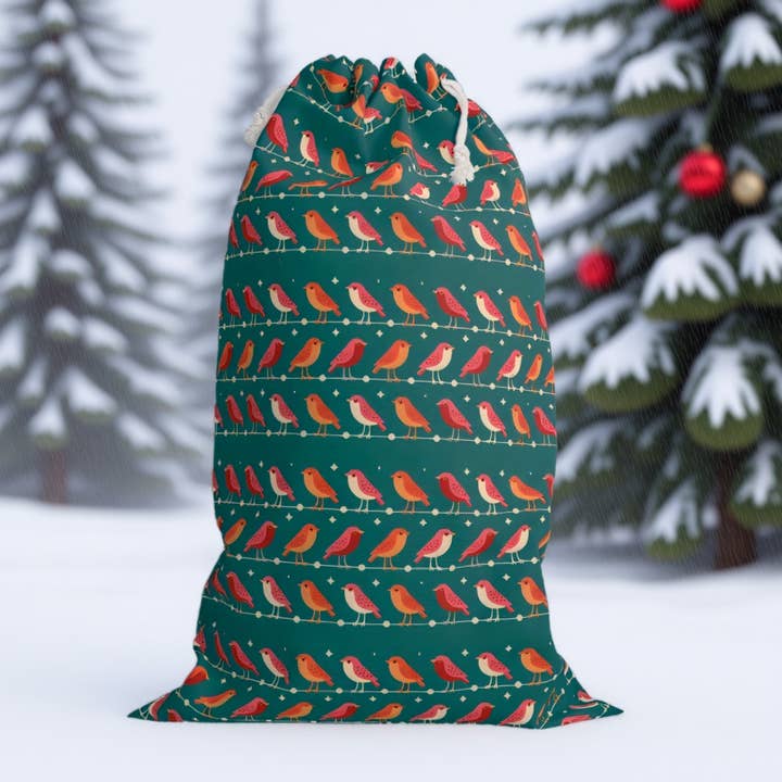 Sacco di Babbo Natale Verde Elegante con Stampa di Lusso di Pettirosso Natalizio per la vendita all'ingrosso da parte di Aminelle & Willow