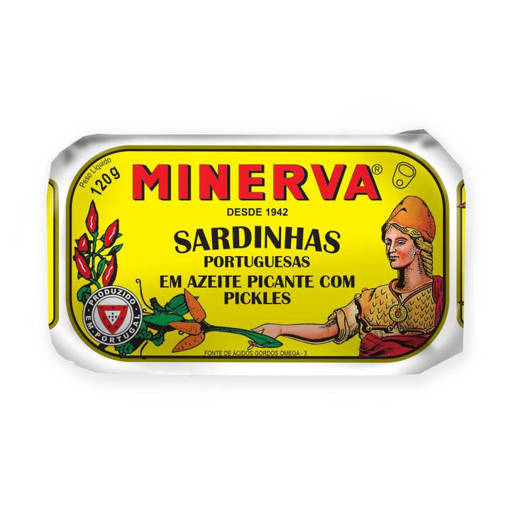 Minerva Gourmet Sardines in Spiced Olive Oil with Pickles for wholesale by International Loft