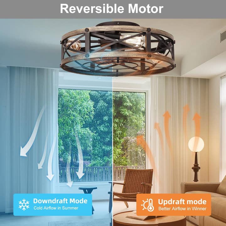 ShipItFurniture - Wholesale Ceiling Fan - Farmhouse Flush Mount Caged Ceiling Fans with Lights, 6 Speeds, Rustic Low Profile Ceiling Fan with Light and Remote, Small Bladeless Ceiling Fans with Lights for Kitchen, Bedroom