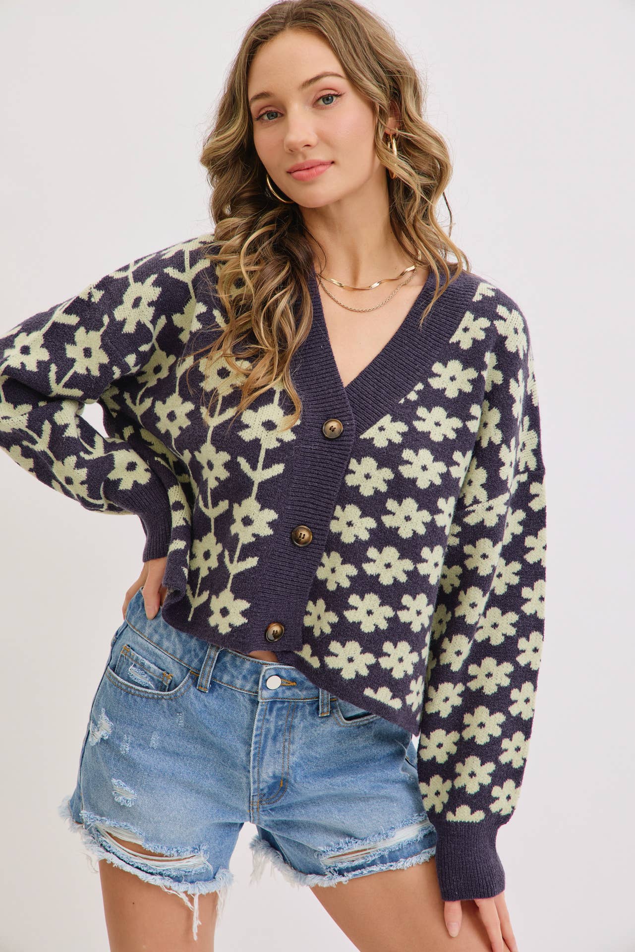 NAVY COZY PLAYFUL CASUAL FLORAL PRINT SWEATER KNIT CARDIGAN for wholesale on Faire9
