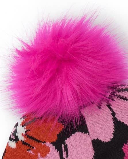 tuc tuc - Wholesale Beanie - Kids - Black girl's hat with floral print and pink pompom2