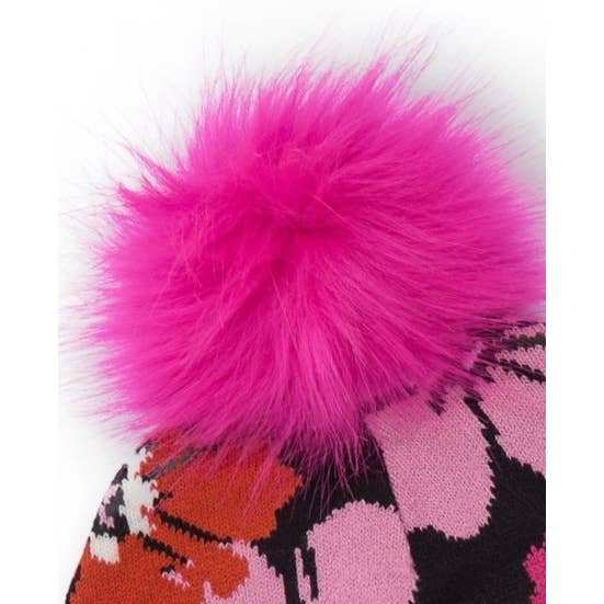 tuc tuc - Wholesale Beanie - Kids - Black girl's hat with floral print and pink pompom2