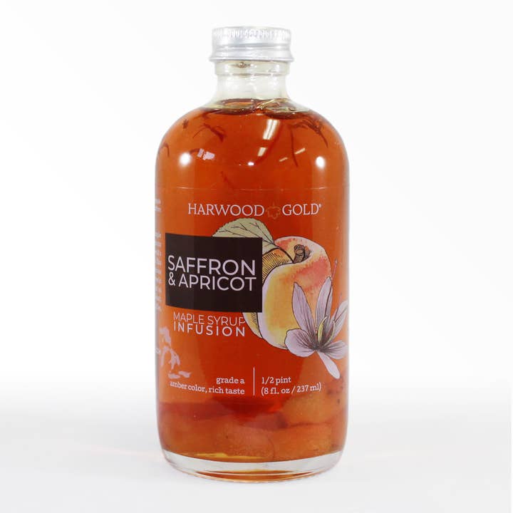 8oz - Saffron & Apricot Infused Maple Syrup for wholesale by Harwood Gold