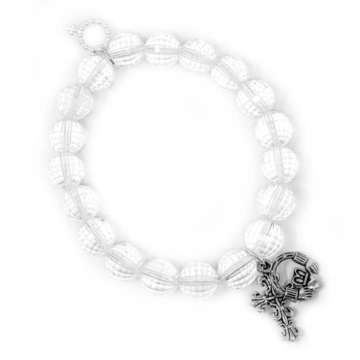 10mm Gefacetteerd Helder Kwarts met Zilveren Scroll Kruis en Claddagh voor wholesale door PowerBeads by jen