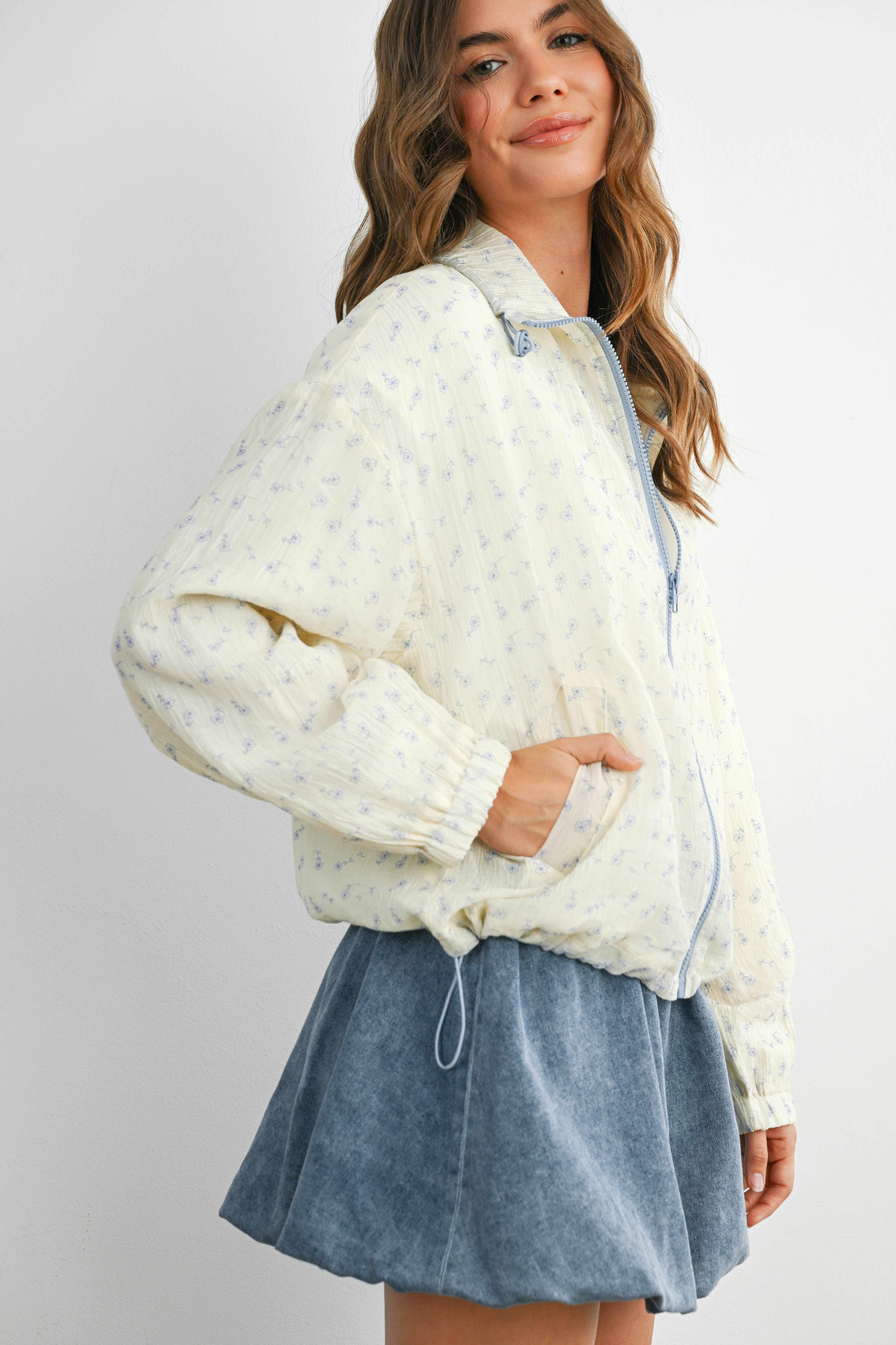 BUTTERMELON - Wholesale Jacket - Women's - Floral Zip-Up Collared Jacket - BMJ78829