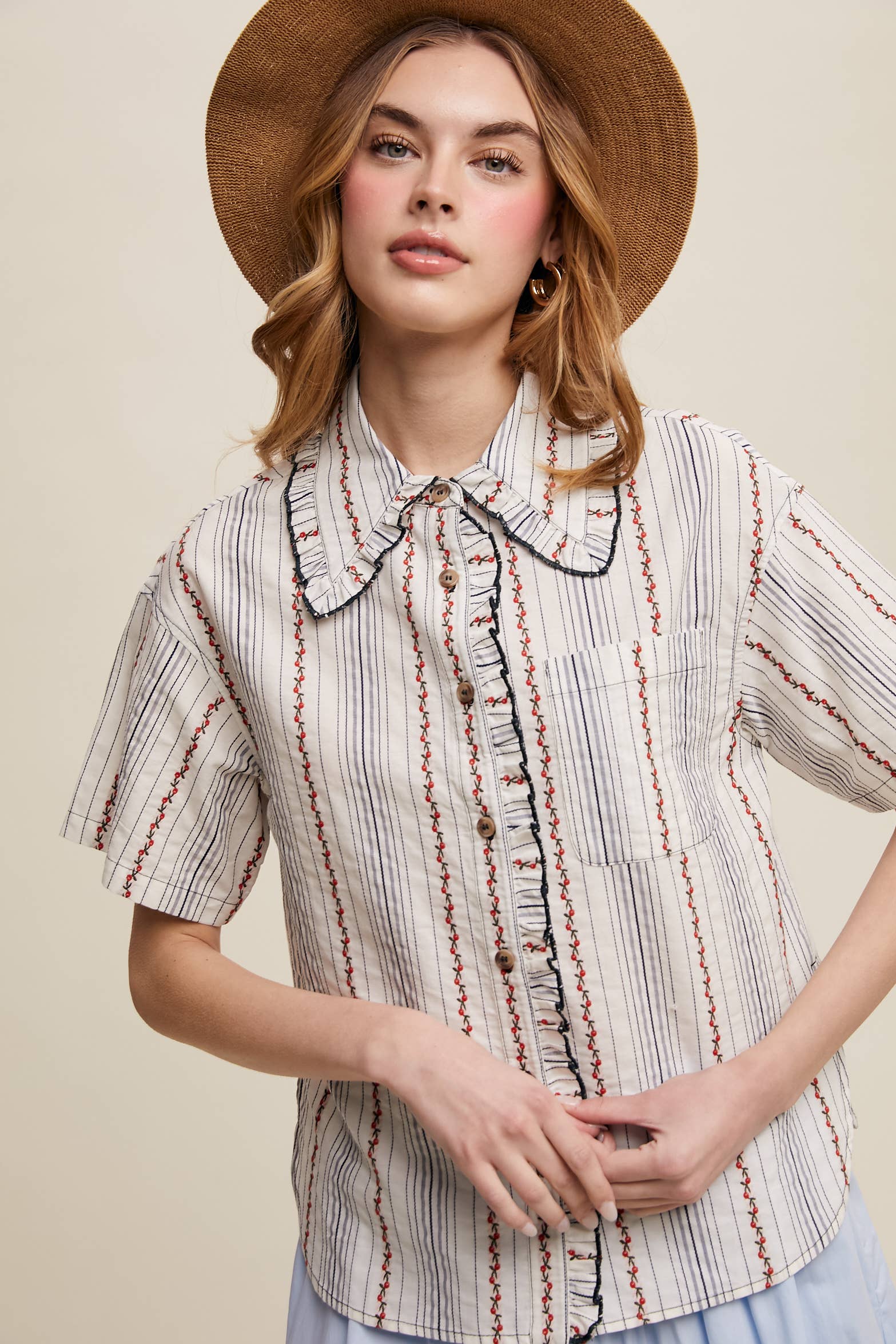 Listicle - Wholesale Button Down Shirt - Women's - Striped Embroidered Button-Down Blouse13