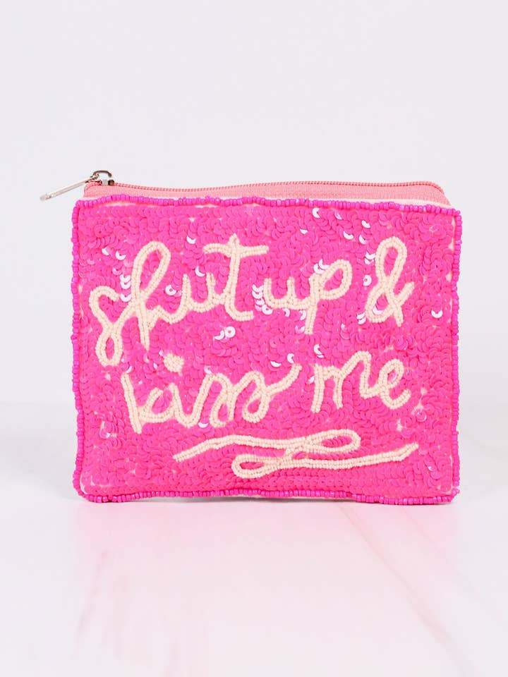Shut Up and Kiss Me Pouch PINK for wholesale by Caroline Hill