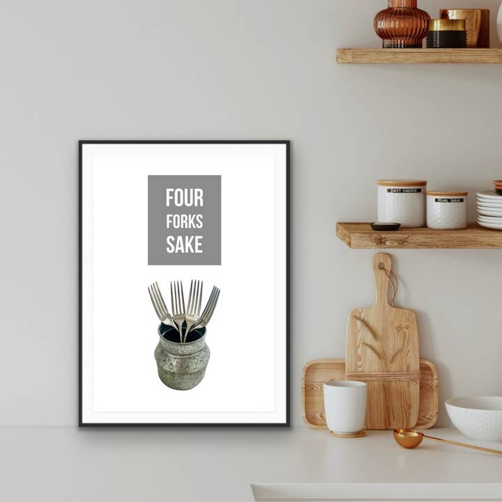 Four Forks Sake - Kitchen Print for wholesale by The Printed Word Store