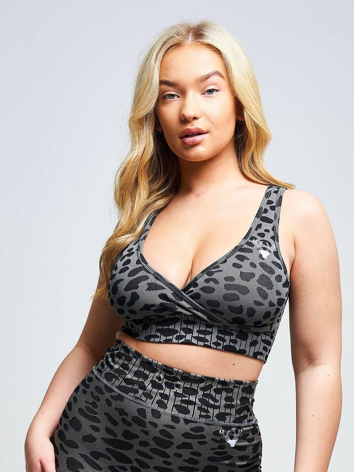 Orlon Recycled Leopard Wrap Over Bra – Grey for wholesale by Twill Active LLC