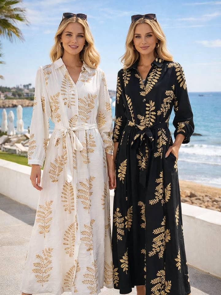 Abito camicia effetto lino con ricamo di palme, bottoni e cintura per la vendita all'ingrosso da parte di Kurt Muller