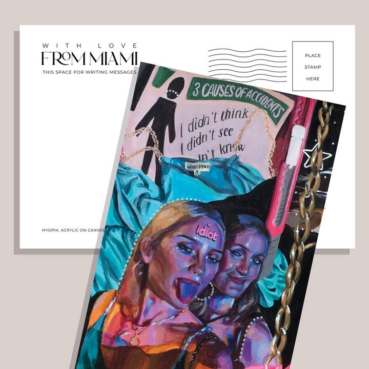 Carte postale surréaliste inspirée de l'euphorie, souvenir de voyage à Miami, Miami Lovers pour la vente par Kimsey Art