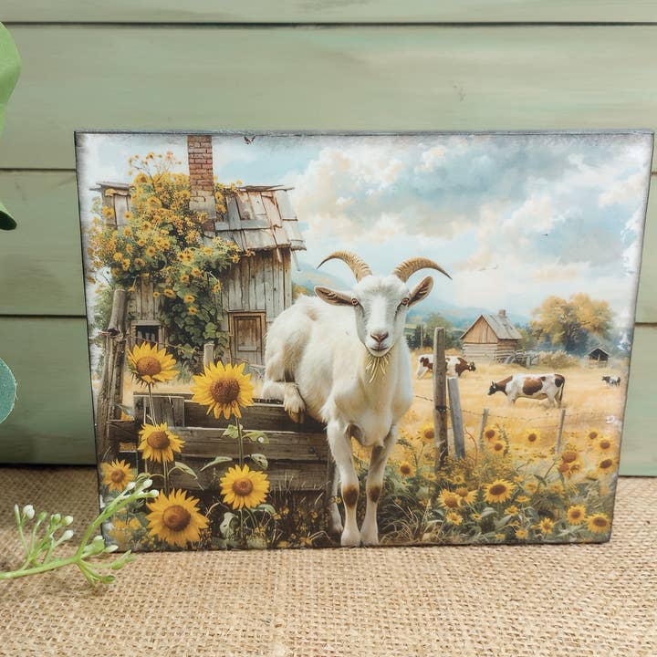Goat Wood Sign - Goat Sunflower Cart for wholesale by Bluegrass Burlap Co
