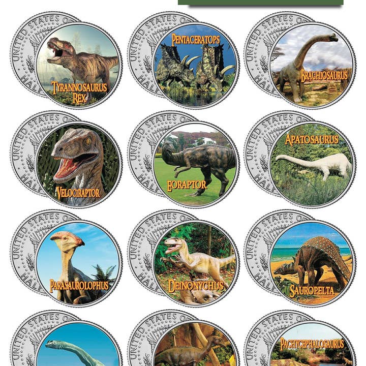 Set completo di 15 monete colorate ufficiali Kennedy Jfk US da mezzo dollaro a forma di dinosauro - Spedizione veloce e gratuita negli Stati Uniti per la vendita all'ingrosso da parte di The Merrick Mint