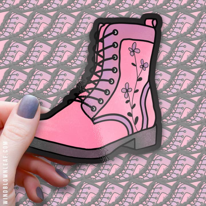 Stompy Pink Boot - 3" Vinyl Sticker for wholesale by Windblown Leaf Designs