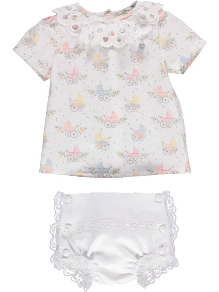 PS23S019007/A -Set pour fille avec chemisier coloré et short blanc pour la vente par Piccola Speranza