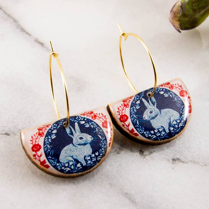 Vintage Red + Blue Rabbit Drop Hoop Earrings for wholesale by No Man's Land