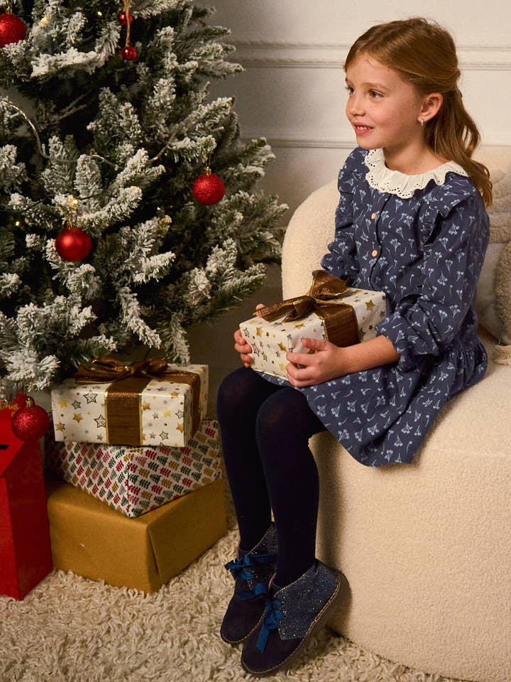 Navy blue dress with floral print and ruffle collar for wholesale by Dadati