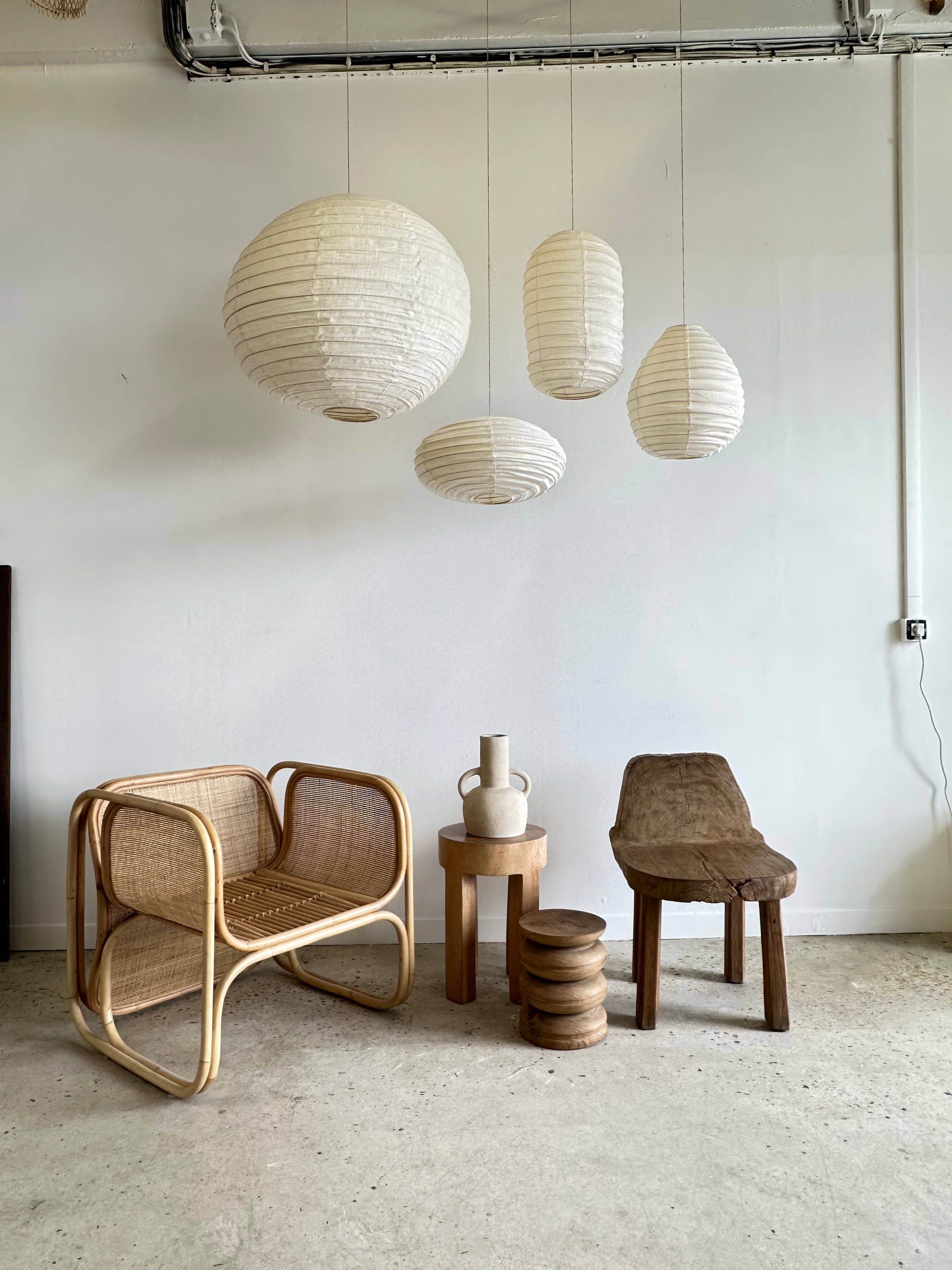 Office Objets - Wholesale Chandelier/Hanging Light - Average Japanese-style oval flattened pendant in rattan and natural linen H30 D4515