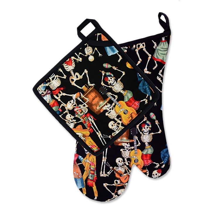 "Fiesta" Day of the Dead Oven Mitt-Pot Holder Sets (black) for wholesale by Bronze Baboon