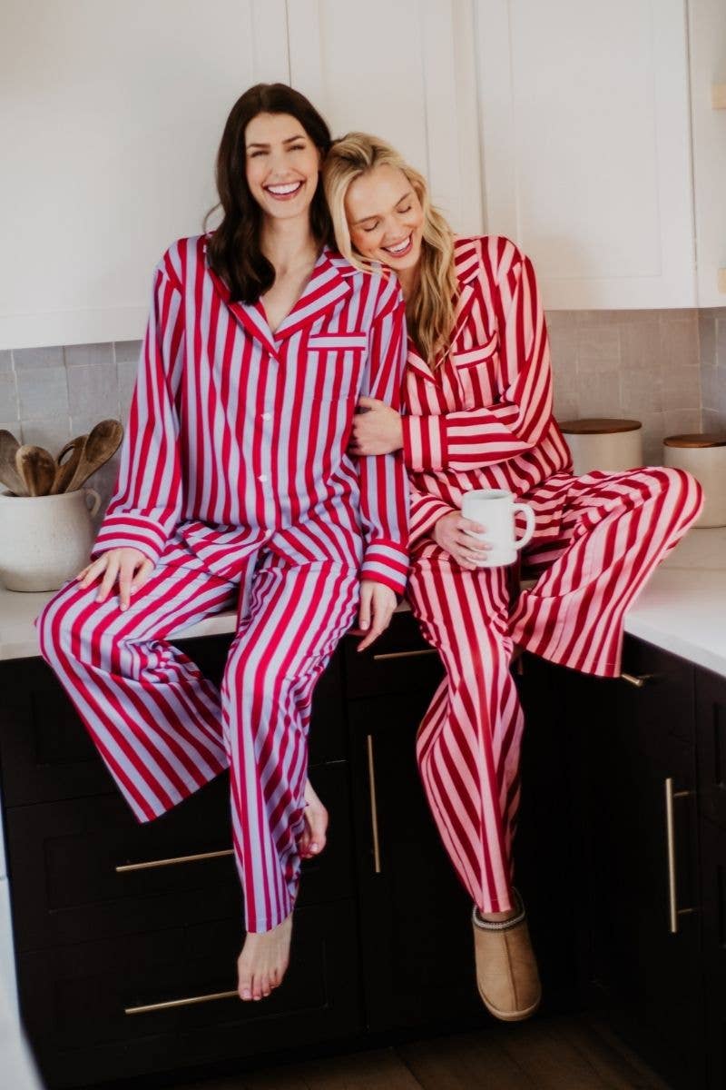 Lilac Striped Satin Cute Christmas PJ Set for wholesale on Faire3