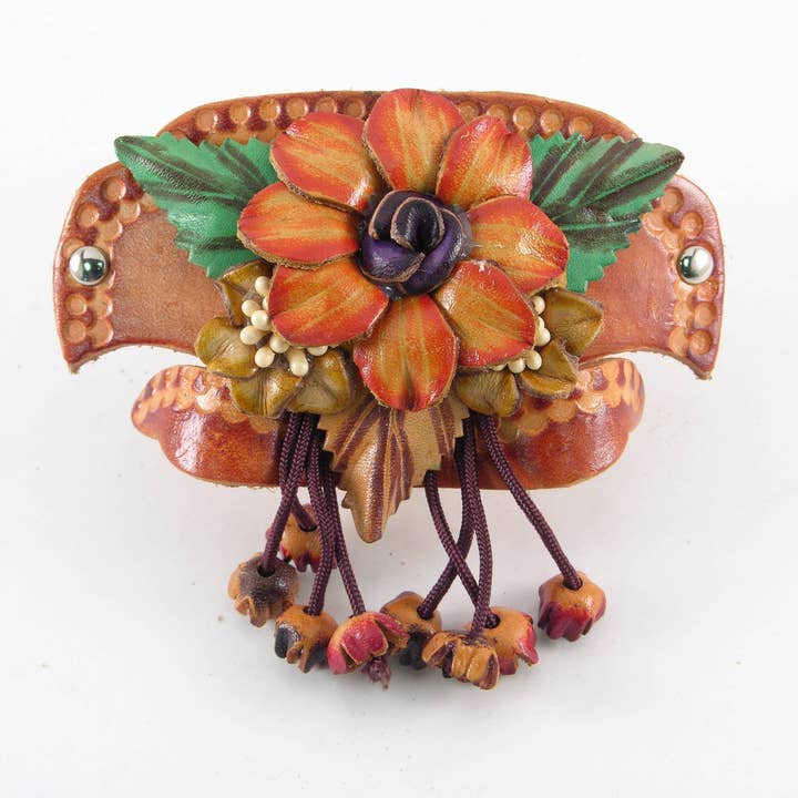 Handmade Leather hair Barrette floral 3D design G744 for wholesale by Sunflower Handmade leather inc