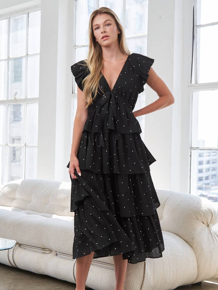 Black V-Neck Polka Dot Tiered Midi Dress for wholesale by In The Beginning