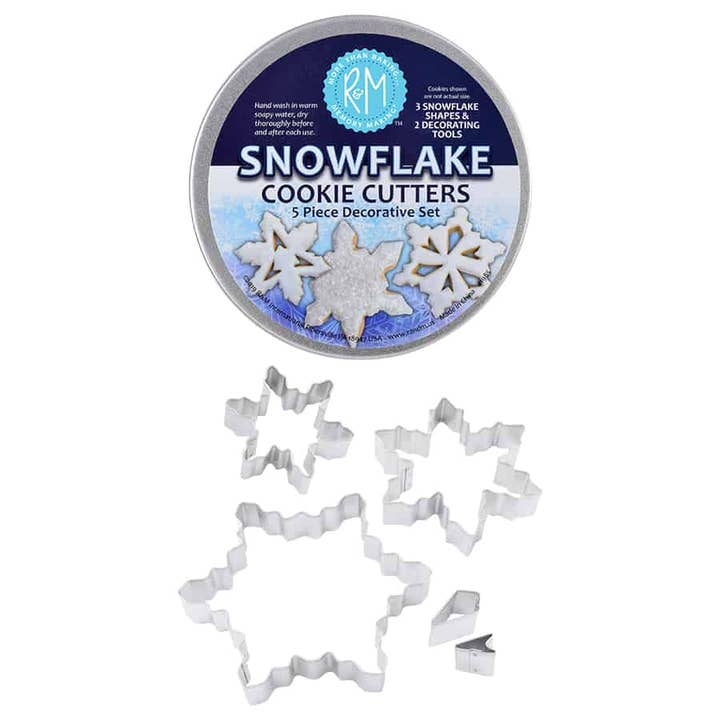 R&M International – wholesale Biscuit cutter – Snowflake 5 PC Cookie Cutter Set in Tin Can2