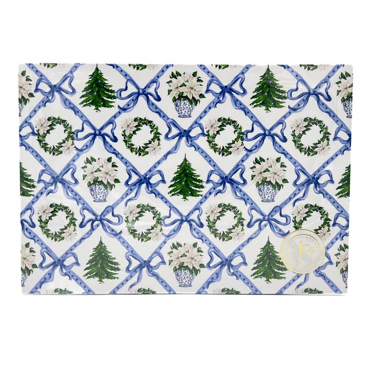 Antique Blue Christmas Garden Disposable Placemats for wholesale by Rachel Brooks Design, LLC