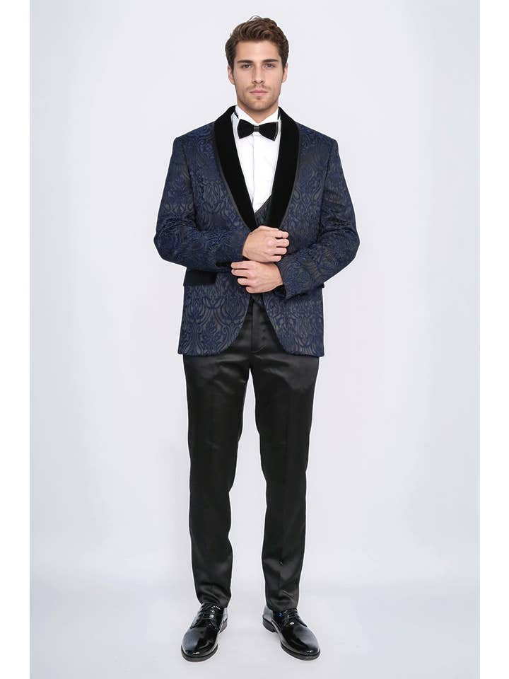 Baroque Patterned Velvet Shawl Collar Vested Navy Blue Tuxedo - Wessi for wholesale on Faire3