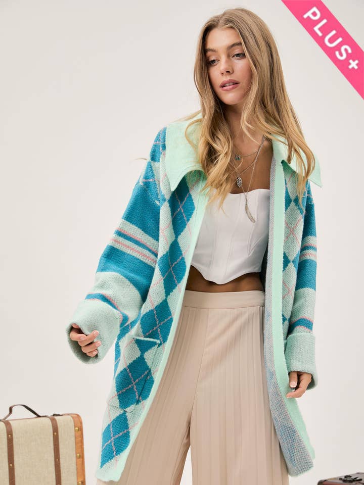 PLUS ARGYLE AND STRIPE LONG SWEATER COAT for wholesale by Davi & Dani