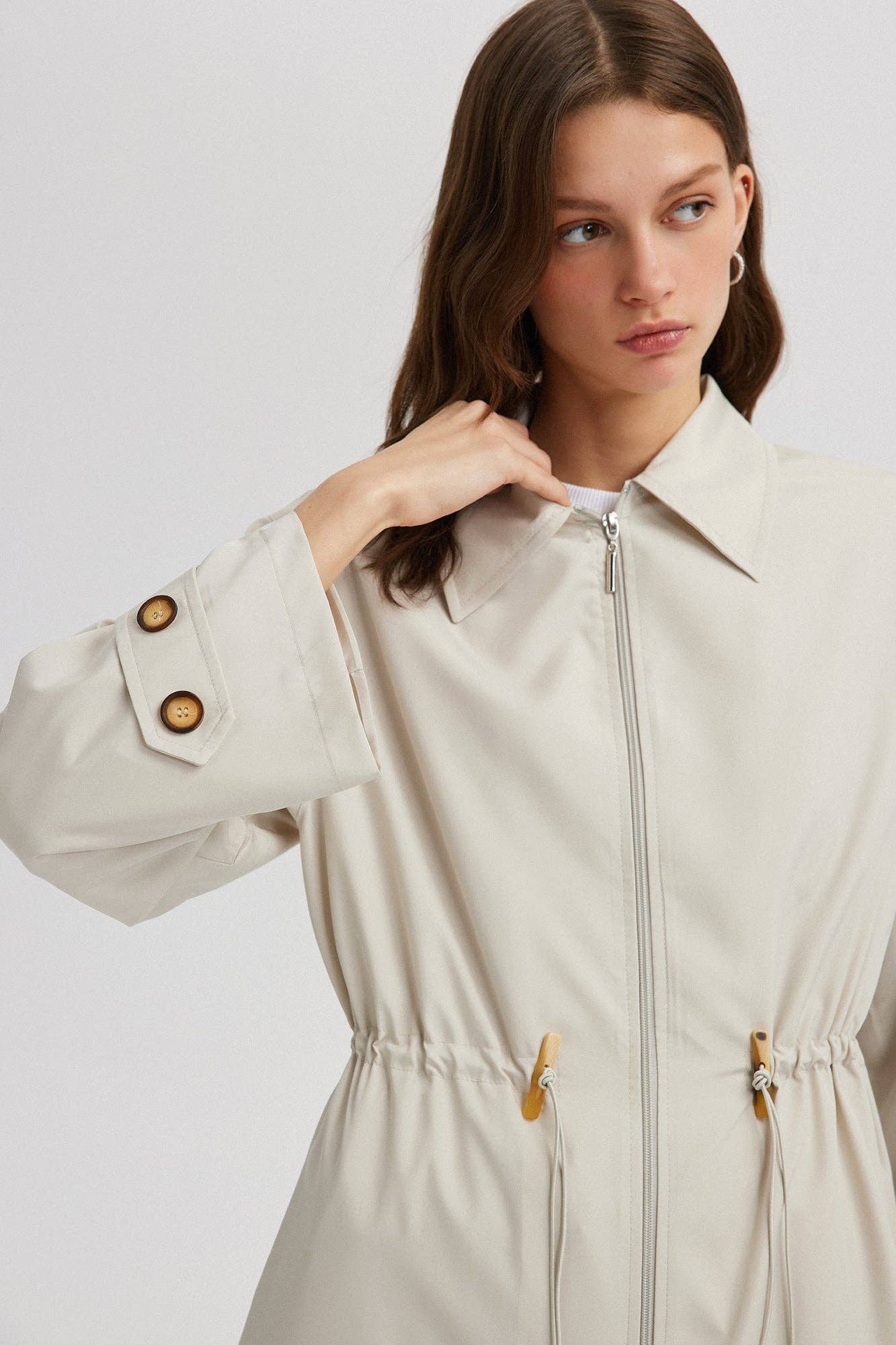 Stone BUTTON DETAILED GATHERED WAIST WINDBREAKER for wholesale on Faire0