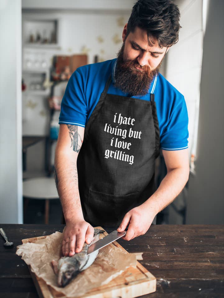 I Hate Living But I Love Grilling, Gothic Morbid Funny Apron for wholesale by Wickedly Divine Shop
