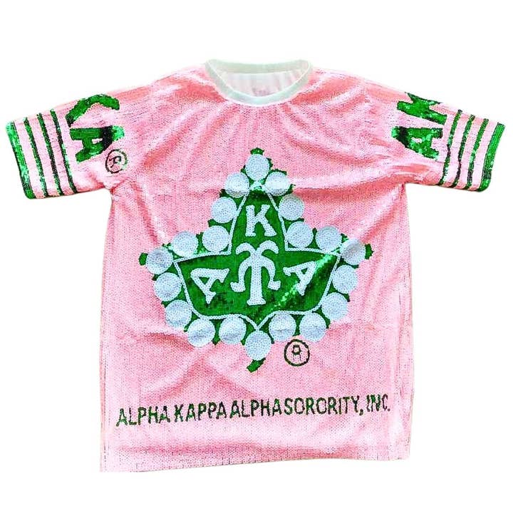AKA Sorority Pink Ivy Leaf Sequin Jersey Shirt for wholesale on Faire