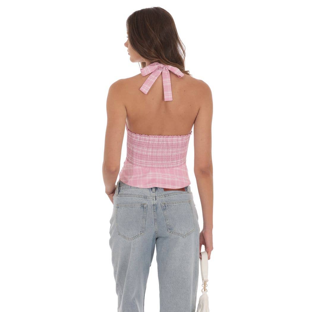 Lucy In The Sky - Wholesale Dress - Women's - Plaid V-Neck Halter Top in Pink1