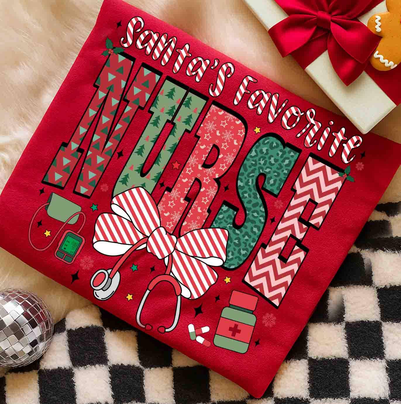 NVC Ecommerce LLC - Wholesale T-Shirt (Graphic) - Women's - Santa’s Favorite Nurse Shirt, Christmas Nurse Sweater0