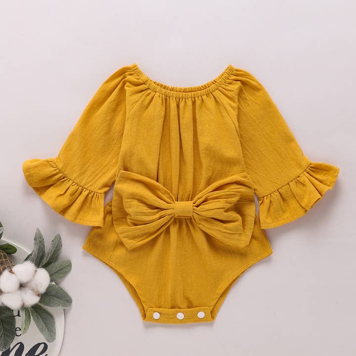 PatPat - Wholesale Bodysuit (Non-Footed) - Baby - 100% Cotton Solid Bowknot Decor Long-sleeve Baby Romper