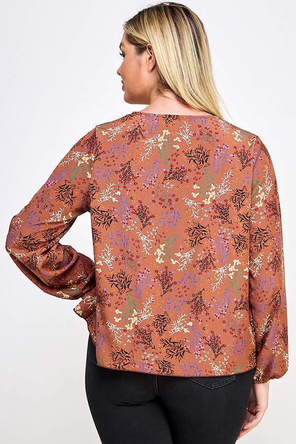 Haute Fox Plus Size & Contemporary - Wholesale Blouse - Dames - Top met strik aan de voorkant en bloemenprint in grote maten JK18498-T7