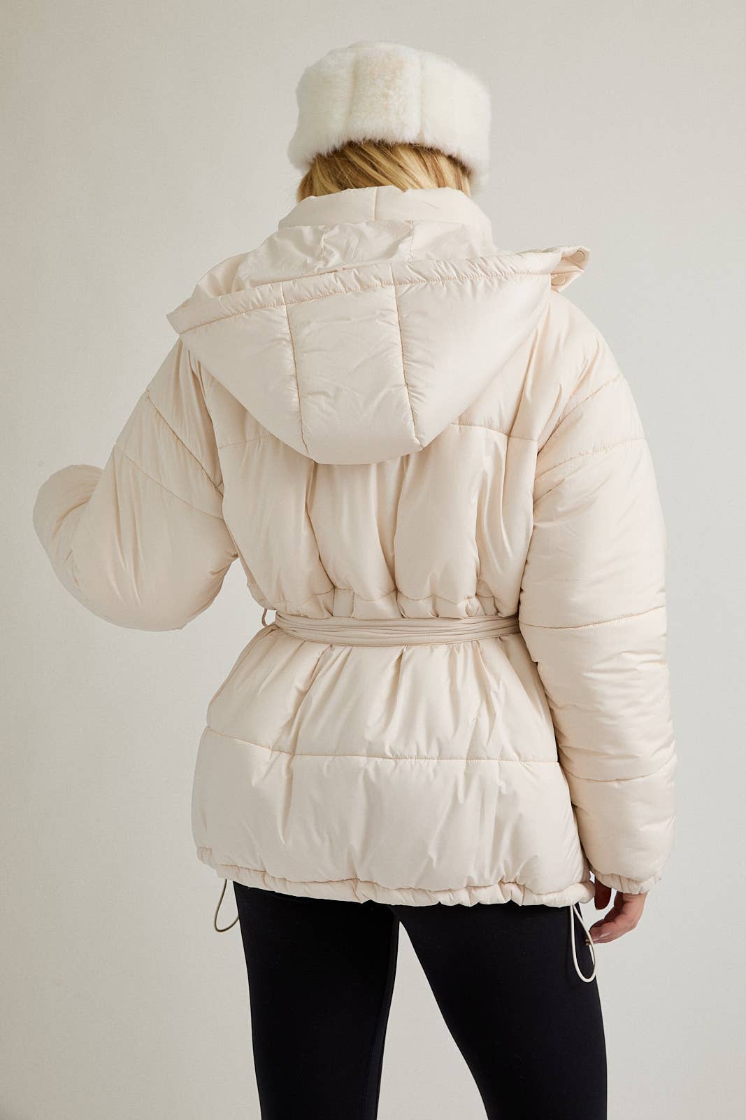CREAM MID LENGTH PUFFER JACKET WITH REMOVABLE HOOD for wholesale on Faire2
